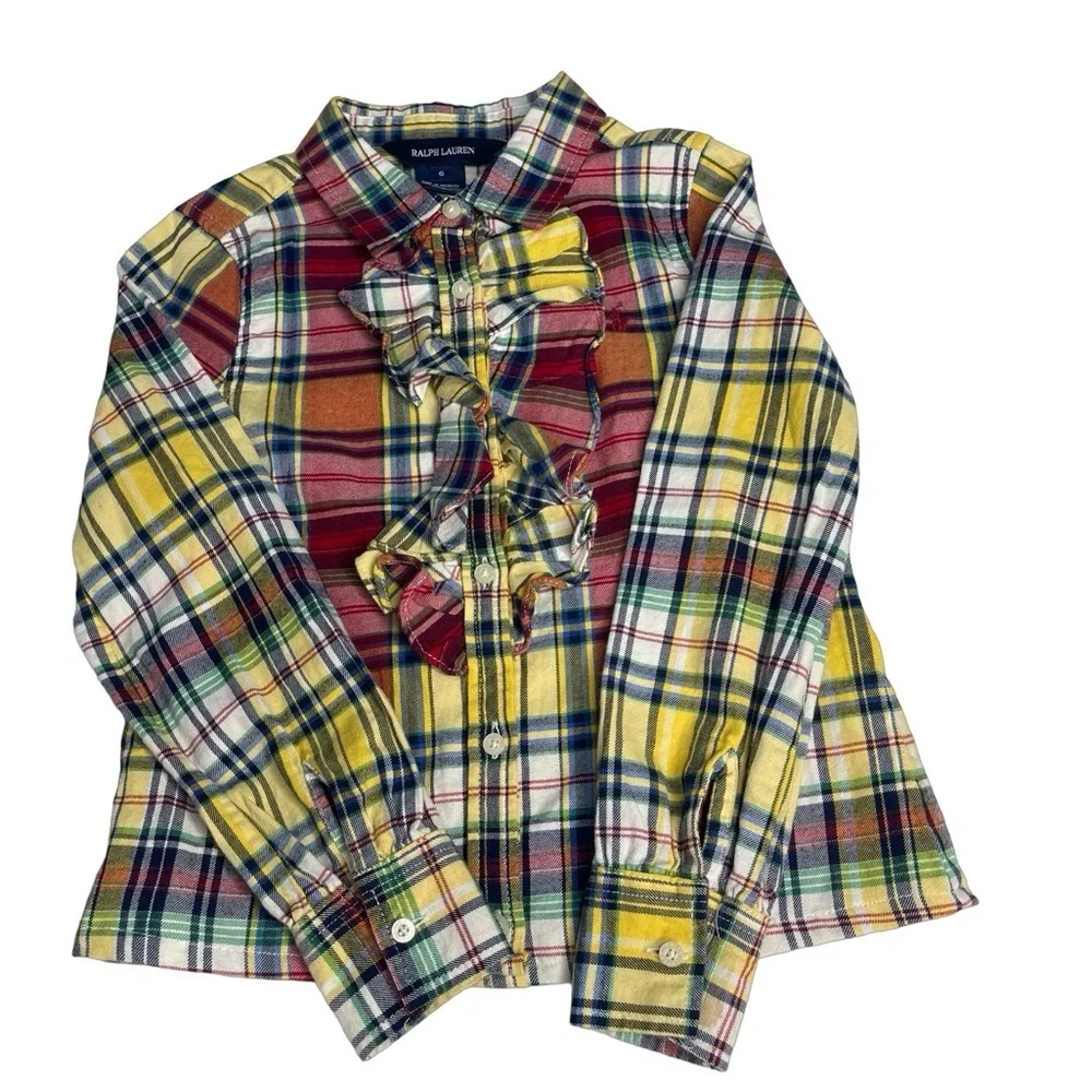 Ralph Lauren polo girls button down plaid water fall ruffle long sleeve blouse 6